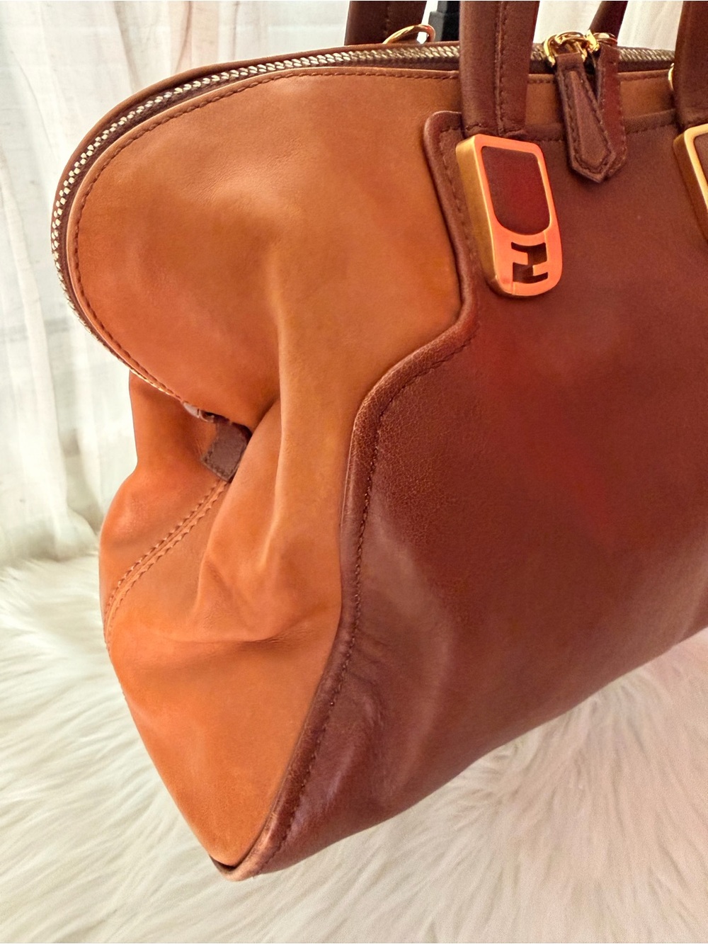 Fendi Two-Tone Brown Dark Brown and Black Leather Satchel with Gold Accents - Picture 4 of 13
